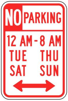 NO PARKING 12 AM - 8 AM TUE THU SAT SUN (NYP1-4) sign artwork